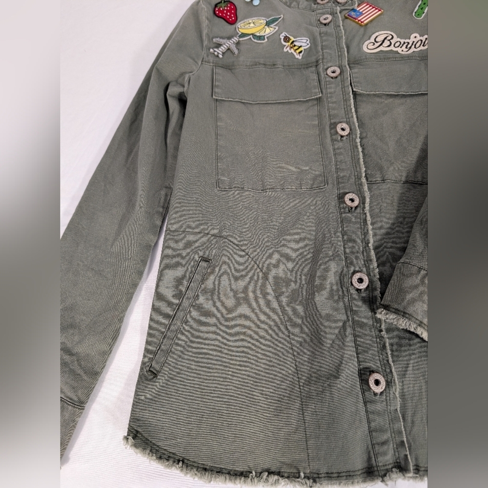 William Rast-Knotto Olive Green Shirt Jacket w/ Patchwork & Pins Size Junior XS - Picture 2 of 13